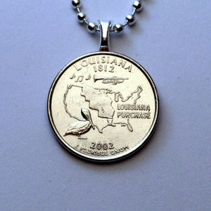2002 Louisiana State Quarter Dollar Coin Pendant Necklace, Pelican Trumpet Louisiana Purchase New Orleans