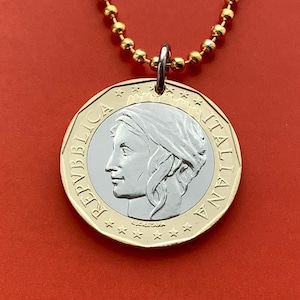1997 to 2001 Italian 1000 Lira Coin Pendant Necklace,  Vintage Bimetal Repubblica Italiana Lire Italy Gold Silver