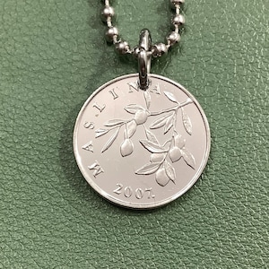1993 to 2021 Croatia Olive Branch Coin Pendant Necklace, Croatian 20 Lipa    Silver Tone   Republika Hrvatska