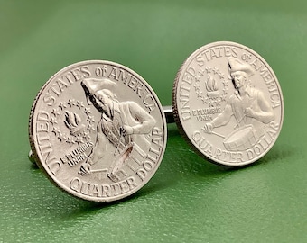 1776 1976 Bicentennial Quarter Dollar Coin Cufflinks, 200th Anniversary Revolution, Colonial Patriot Drummer, Soldered