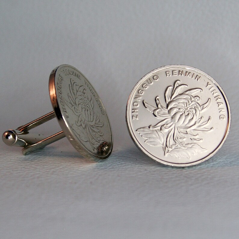 China Chrysanthemum Flower Blossom Coin Cufflinks Yi Yuan 1 Chinese