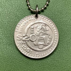1980 to 1984  Mexico Mayan Culture Coin Pendant Necklace  20 Pesos   Cultura Maya   Jugador de Pelota  Mesoamerican