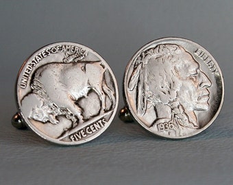Buffalo and Indian Nickel Cufflinks - American Bison 5 Cents Coin