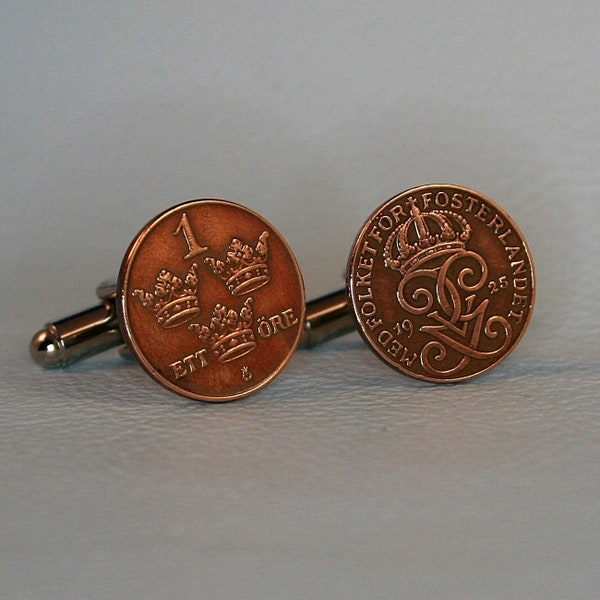 Swedish Vintage Prewar Bronze Coin Cufflinks - 1 ore Sverige Sweden Gustaf V