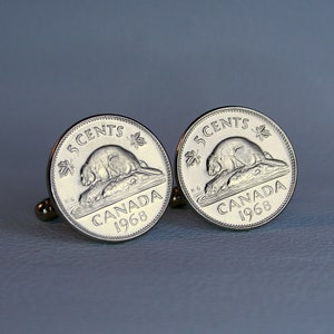 1968 Canada Beaver Coin Cufflinks - Canadian Nickel 5 Cents Silver Tone