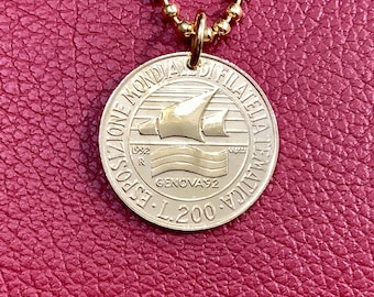 1992 Italiaanse Genua 92 ketting met munthanger, 200 lire vintage Repubblica Italiana Italië Wereldtentoonstelling van thematische filatelie