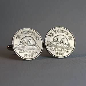 1937 to 1942 Canada Beaver Coin Cufflinks, Canadian Nickel 5 Cents Silver Tone, King George VI, Soldered