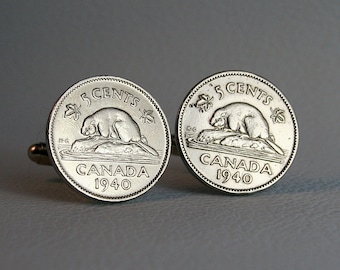 1937 to 1942 Canada Beaver Coin Cufflinks, Canadian Nickel 5 Cents Silver Tone, King George VI, Soldered
