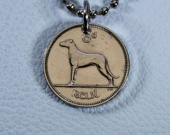 1942 to 1969 Irish Wolfhound Coin Pendant   Dog   Hound    Silver Tone   Ireland  Harp Vintage  6 Pence  Sixpence  Eire  Necklace