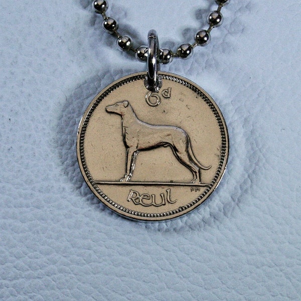 1942 to 1969 Irish Wolfhound Coin Pendant - Dog - Hound - Silver Tone Ireland Harp Vintage 6 Pence Sixpence Eire Necklace