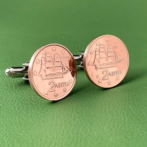 Greek Sailing Ship Coin Cufflinks, Bronze 2 Euro Cent Greece Sailboat Corvette Copper Jewelry for Men