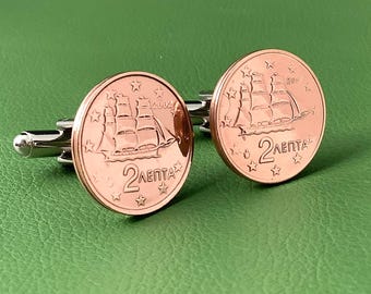 Boutons de manchette pièce de monnaie voilier grec, bronze, 2 cents d'euro, bijoux corvette voilier grec en cuivre pour homme