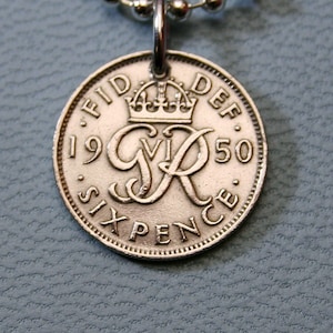Vintage 1949-1951 British Sixpence Coin Pendant - King George VI Lucky Wedding Charm from England Six Pence