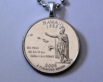 2008 Hawaii Quarter Dollar Coin Pendant Necklace, King Kamehameha Honolulu