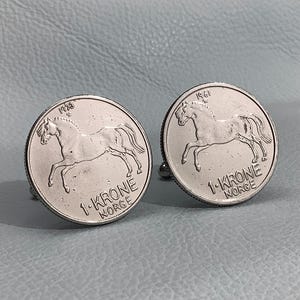Norwegian Horse Coin Cufflinks,  Vintage 1 Krone Norway Norge Equestrian