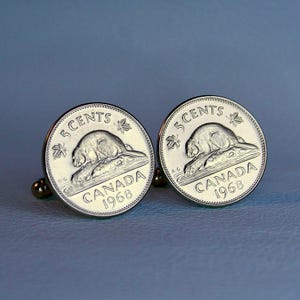 1965 to 1981 Canada Beaver Coin Cufflinks, Canadian Nickel 5 Cents Silver Tone, Soldered