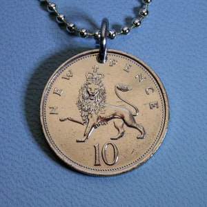 British Crowned Lion Coin Pendant - 1968 to 1984 - Vintage 10 New Pence English Great Britain UK London Crown