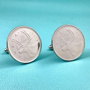 2011 Canada Caribou Coin Cufflinks - Canadian 25 Cents Silver Tone