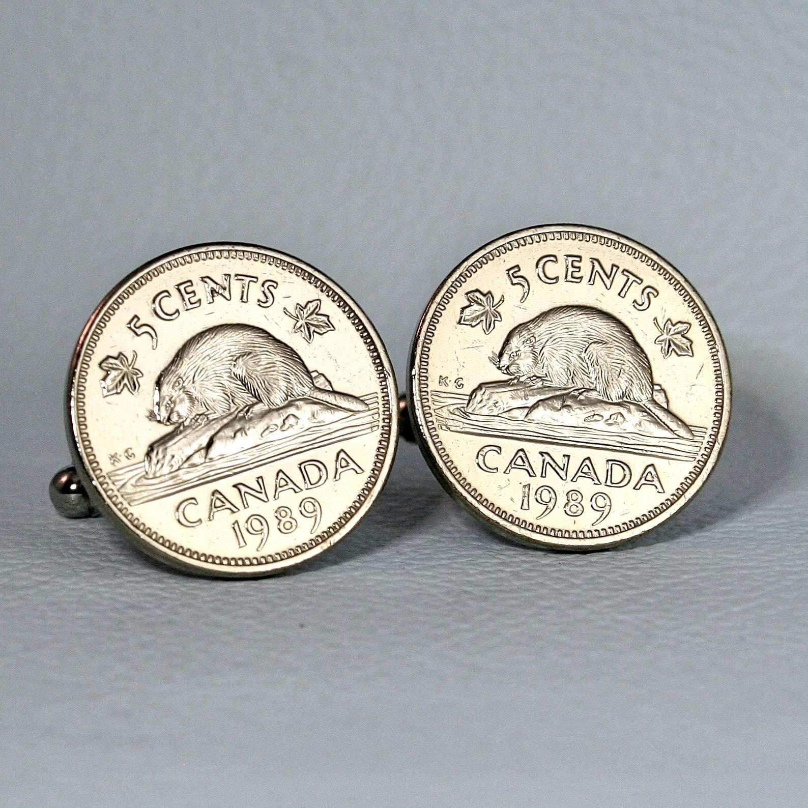1982-2001年 カナダ ビーバーコイン カフスボタン ヴィンテージ カナディアン ニッケル 5セント シルバートーン カスタマイズ可能 はんだ付け