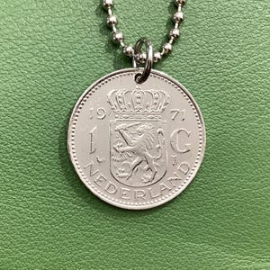 1967 to 1980 Netherlands Queen Juliana Coin Pendant Necklace, 1 Gulden Guilder