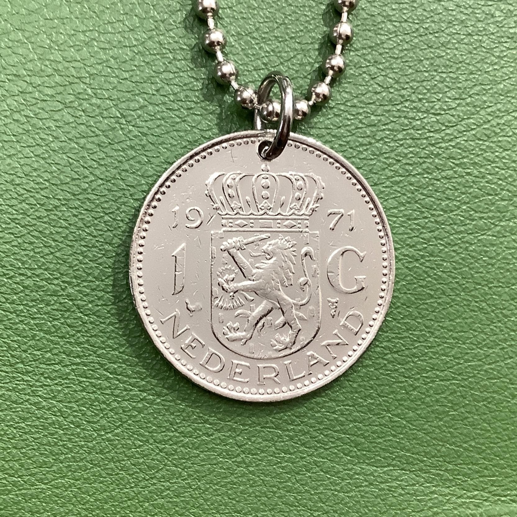 1967 to 1980 Netherlands Queen Juliana Coin Pendant Necklace, 1 Gulden Guilder