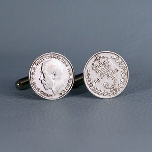 Antique British Sterling Silver Threepence Coin Cufflinks - 1911-1919 King George V English Great Britain UK Customizable Three Pence