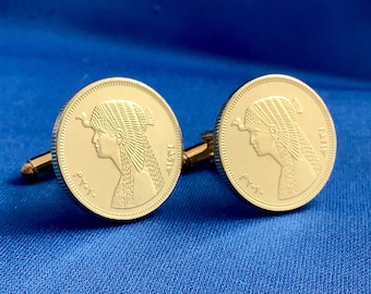 Egyptian Queen Cleopatra Coin Cufflinks - 50 Qirsh Piastres Egypt Ancient History