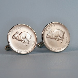 1967 Canada Rabbit Coin Cufflinks - Canadian Centennial Hare Nickel 5 Cents Silver Tone