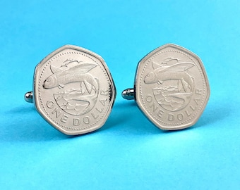 Barbados Flying Fish Coin Cufflinks - 1 Dollar Silver Tone Heptagon Caribbean