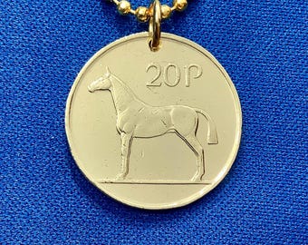 1985 bis 2000 Irish Horse Münze Anhänger Halskette, Irland Vintage 20 Pence Eire Harfe
