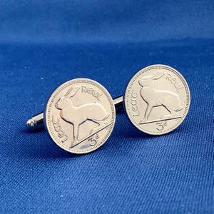 Spinki do mankietów Vintage Irish Threepence: Wzór zająca od Eire Silver Coin Accessories for Men