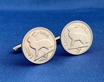 Vintage Ierse manchetknopen van drie pence: haasontwerp uit Ierland zilveren muntaccessoires voor heren