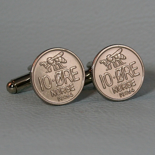 Norwegian Honeybee Coin Cufflinks - Vintage 10 Ore Norway Norge Bee Silver Tone