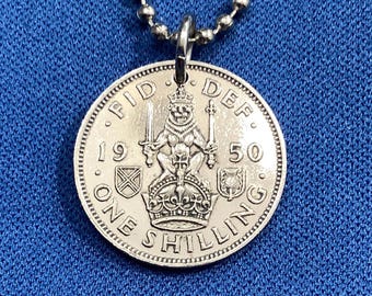 1949 to 1951 Scottish Crest British Shilling Coin Pendant Necklace, King George VI, English Great Britain UK Edinburgh Glasgow Scotland