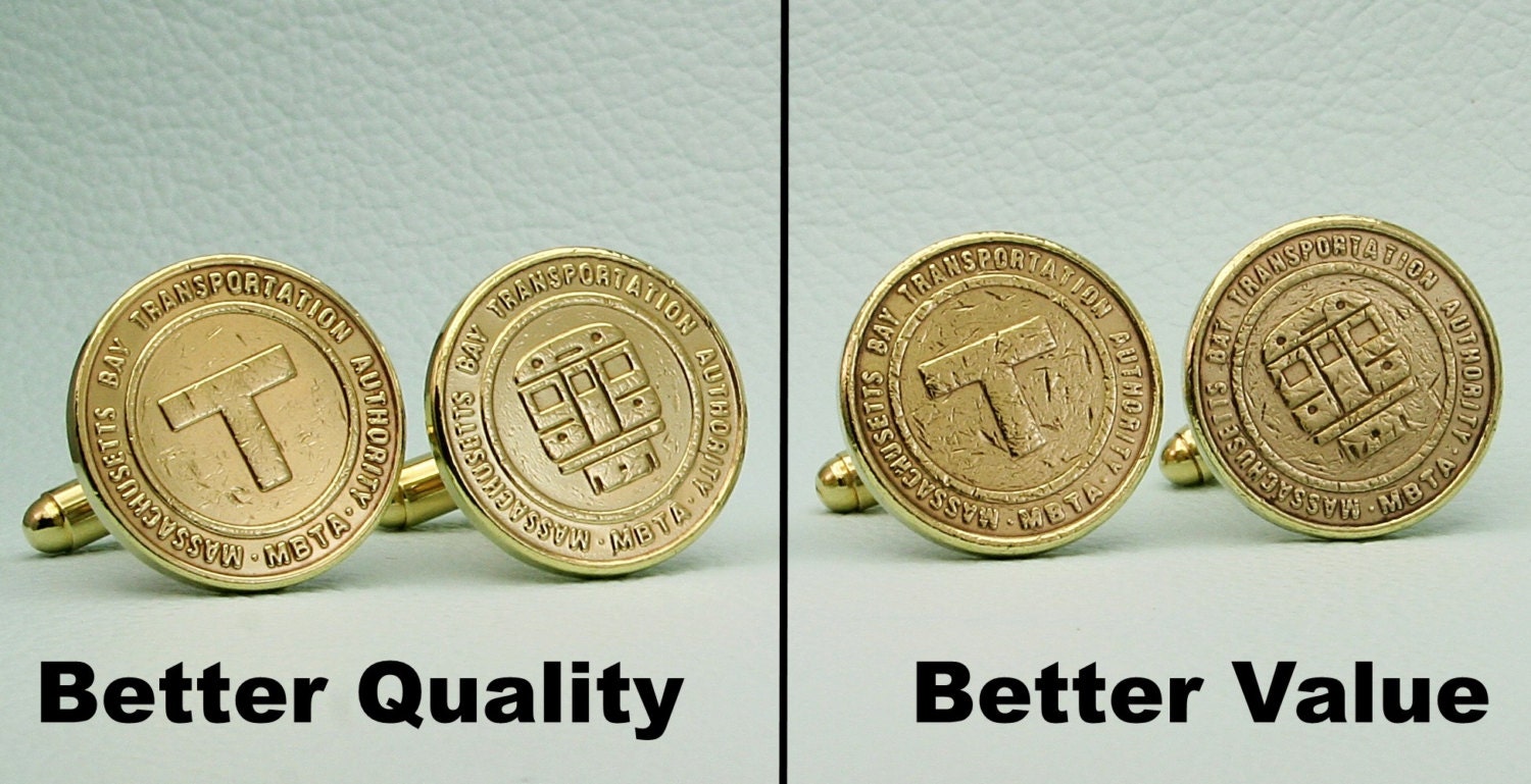 Boston T Subway Token Cufflinks - MBTA - Select Better Quality or Value, Gold Massachusetts Bay Transportation Authority Bus Train Transit