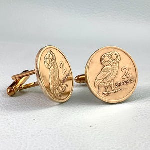 Vintage 1973 Greek Coin Cufflinks - Greece 2 Drachmes Drachmai Goddess Athena Little Owl Athene Noctua