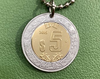 Mexico 5 Pesos Coin Pendant Necklace Charm, Aztec Sun Stone