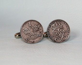 Swedish WW2 Iron Coin Cufflinks - Vintage 1940s 1 ore Sverige Sweden Gustaf V