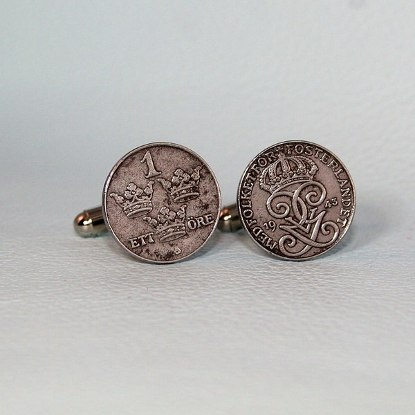 Swedish WW2 Iron Coin Cufflinks - Vintage 1940s 1 ore Sverige Sweden Gustaf V