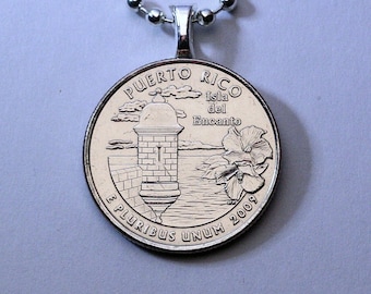2009 Puerto Rico Coin Pendant Necklace, Quarter Dollar Isla Del Encanto - Isle of Enchantment - PR