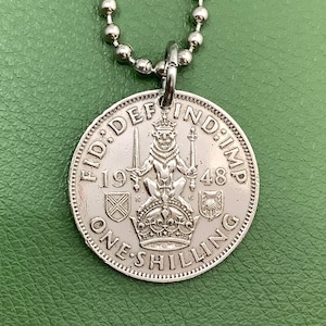 Scottish Crest British Shilling Coin Pendant Necklace, 1947 1948,  George VI King and Emperor, English Great Britain UK London