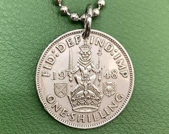 Scottish Crest British Shilling Coin Pendant Necklace, 1947 1948,  George VI King and Emperor, English Great Britain UK London