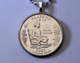 2003 Alabama Coin Pendant Necklace,  Quarter Dollar, Hellen Keller Spirit of Courage Blind