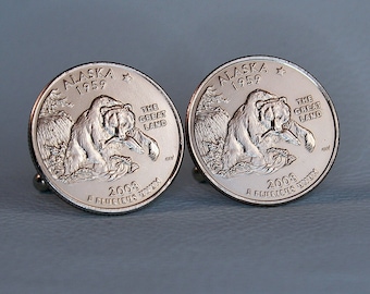 2008 Alaska Quarter Dollar Coin Cufflinks - The Great Land Grizzly Bear Salmon North Star