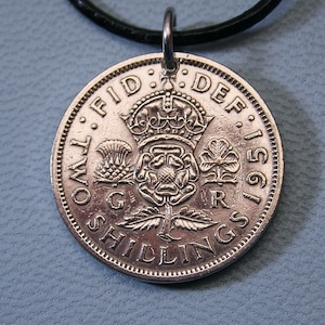 British George VI Florin Coin Pendant - Vintage Crown Shamrock Thistle Tudor Rose Great Britain UK London