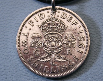 British George VI Florin Coin Pendant - Vintage Crown Shamrock Thistle Tudor Rose Great Britain UK London