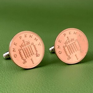 British Coin Cufflinks - Bronze Penny 1 Pence Westminster Portcullis Chains Great Britain UK Soldered