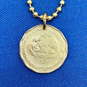 1992 to 2009 Mexico Eagle Cactus Pendant Necklace, Gold 50 Centavos Coat of Arms