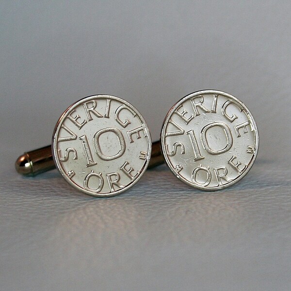 Swedish Coin Cufflinks - Sverige 10 Ore Sweden Silver Tone