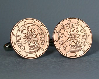 Abotoaduras de moeda com flor de edelweiss alpina austríaca - Bronze 2 centavos de euro, Áustria UE Europa